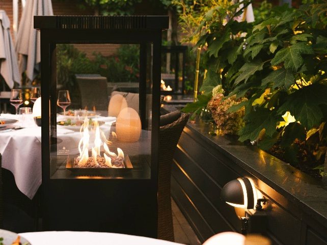Sunwood Marino flame heater beside a restaurant table